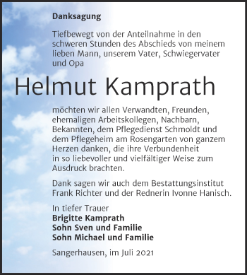 Traueranzeige von Helmut Kamprath von Trauerkombi Sangerhausen