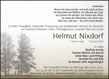 Traueranzeige von Helmut Nixdorf von Trauerkombi Bernburg