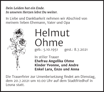 Traueranzeige von Helmut Ohme von Trauerkombi Merseburg