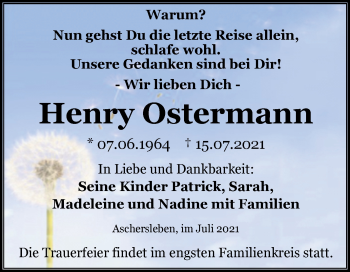 Traueranzeige von Henry Ostermann von Trauerkombi Aschersleben