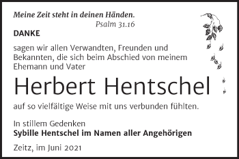 Traueranzeige von Herbert Hentschel von Trauerkombi Zeitz