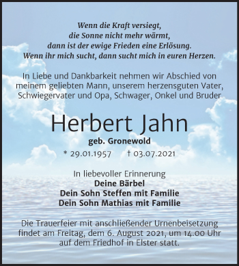 Traueranzeige von Herbert Jahn von Trauerkombi Wittenberg
