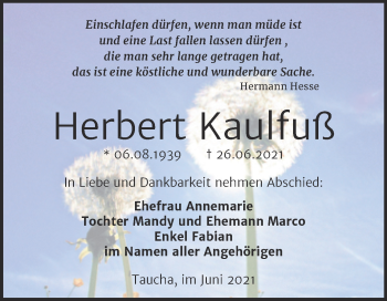 Traueranzeige von Herbert Kaulfuß von Trauerkombi Weißenfels