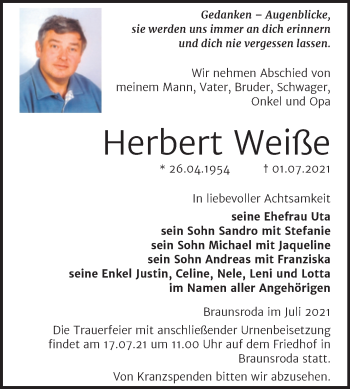 Traueranzeige von Herbert Weiße von Naumburger Tageblatt