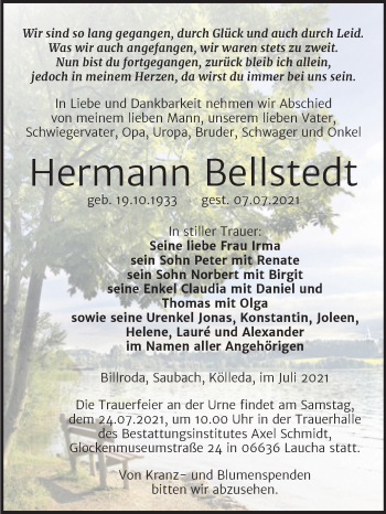 Traueranzeige von Hermann Bellstedt von Wochenspiegel Naumburg/Nebra