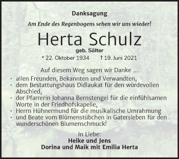 Traueranzeige von Herta Schulz von Trauerkombi Quedlinburg