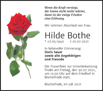 Traueranzeige von Hilde Bothe von Mitteldeutsche Zeitung Mansfelder Land