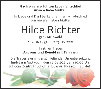 Traueranzeige von Hilde Richter von Trauerkombi Dessau