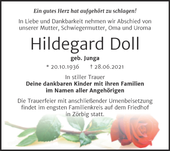 Traueranzeige von Hildegard Doll von Trauerkombi Köthen