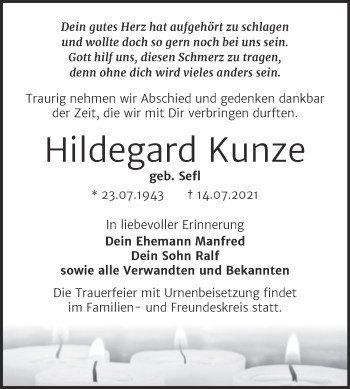 Traueranzeige von Hildegard Kunze von Trauerkombi Bitterfeld