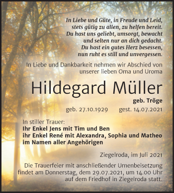 Traueranzeige von Hildegard Müller von Wochenspiegel Merseburg/Querfurt
