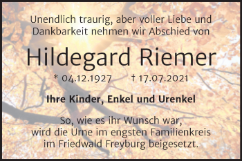 Traueranzeige von Hildegard Riemer von Mitteldeutsche Zeitung Halle/Saalkreis