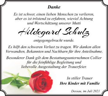 Traueranzeige von Hildegard Schulz von Trauerkombi Dessau