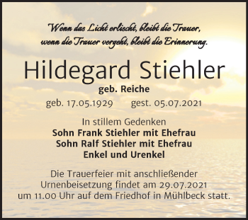 Traueranzeige von Hildegard Stiehler von Trauerkombi Bitterfeld