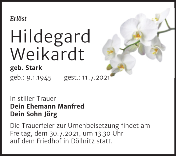 Traueranzeige von Hildegard Weikardt von Trauerkombi Merseburg