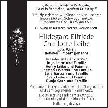 Traueranzeige von Hildegard Elfriede Charlotte Leibe von Mitteldeutsche Zeitung Halle/Saalkreis
