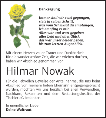 Traueranzeige von Hilmar Nowak von Trauerkombi Wittenberg