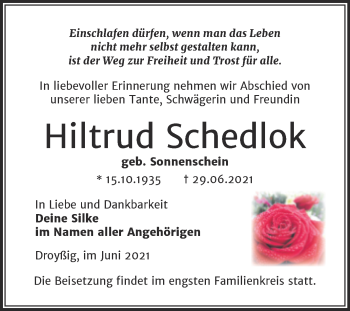 Traueranzeige von Hiltrud Schedlok von Trauerkombi Zeitz