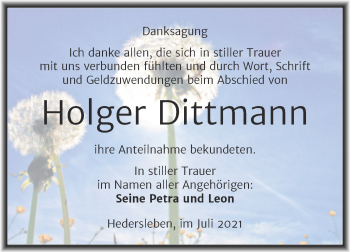 Traueranzeige von Holger Dittmann von Trauerkombi Mansfelder Land