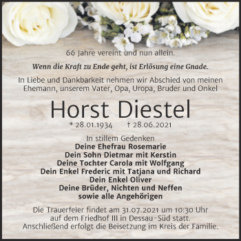 Traueranzeige von Horst Diestel von Trauerkombi Dessau