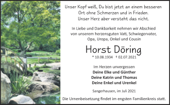 Traueranzeige von Horst Döring von Trauerkombi Sangerhausen