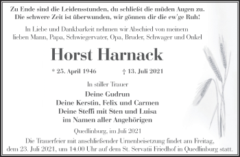 Traueranzeige von Horst Harnack von Trauerkombi Quedlinburg