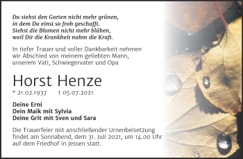 Traueranzeige von Horst Henze von Trauerkombi Wittenberg