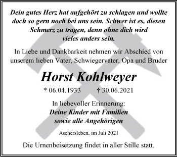 Traueranzeige von Horst Kohlweyer von Trauerkombi Aschersleben
