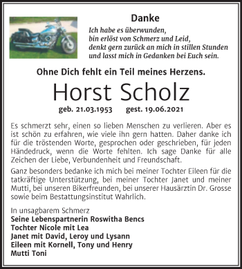 Traueranzeige von Horst Scholz von Trauerkombi Mansfelder Land
