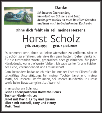 Traueranzeige von Horst Scholz von Trauerkombi Mansfelder Land