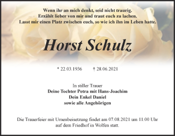 Traueranzeige von Horst Schulz von Trauerkombi Bitterfeld