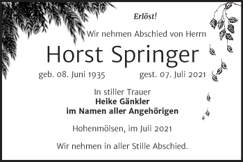 Traueranzeige von Horst Springer von Trauerkombi Weißenfels