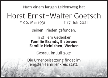 Traueranzeige von Horst Ernst-Walter Goetsch von Trauerkombi Weißenfels