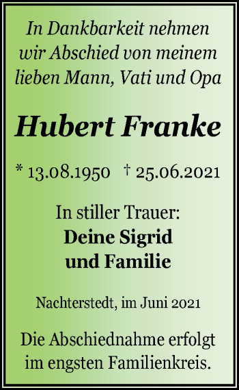 Traueranzeige von Hubert Franke von Trauerkombi Aschersleben