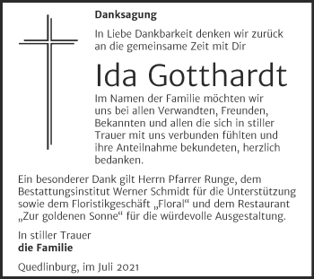 Traueranzeige von Ida Gotthardt von Trauerkombi Quedlinburg