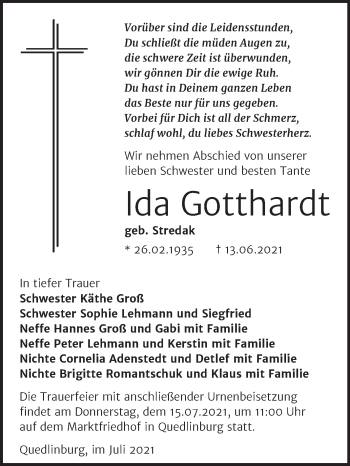 Traueranzeige von Ida Gotthardt von Trauerkombi Quedlinburg