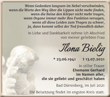 Traueranzeige von Ilona Bielig von Trauerkombi Merseburg