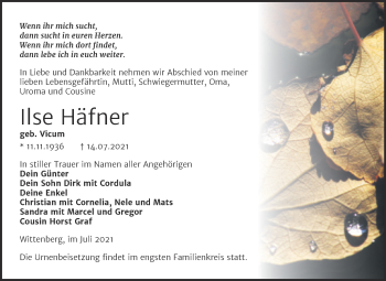 Traueranzeige von Ilse Häfner von Trauerkombi Wittenberg
