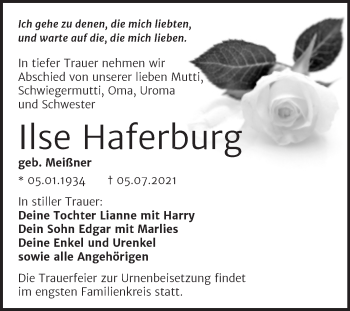 Traueranzeige von Ilse Haferburg von Mitteldeutsche Zeitung Mansfelder Land