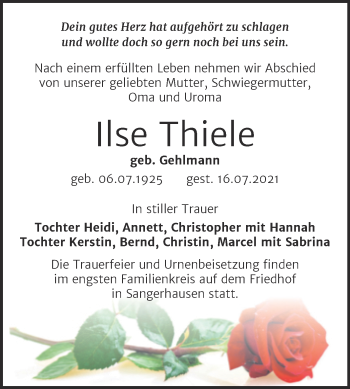 Traueranzeige von Ilse Thiele von Trauerkombi Sangerhausen