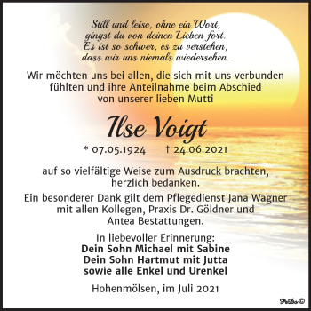 Traueranzeige von Ilse Voigt von Trauerkombi Weißenfels