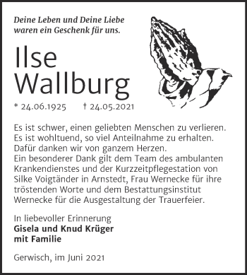 Traueranzeige von Ilse Wallburg von Trauerkombi Mansfelder Land