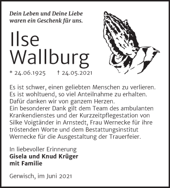 Traueranzeige von Ilse Wallburg von Trauerkombi Mansfelder Land