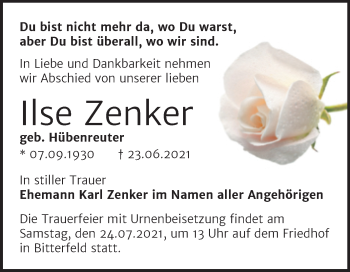 Traueranzeige von Ilse Zenker von Trauerkombi Bitterfeld