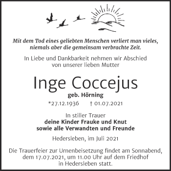 Traueranzeige von Inge Coccejus von Trauerkombi Mansfelder Land