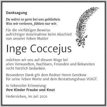 Traueranzeige von Inge Coccejus von Trauerkombi Mansfelder Land