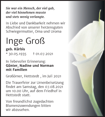 Traueranzeige von Inge Groß von Trauerkombi Mansfelder Land