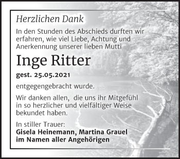 Traueranzeige von Inge Ritter von Trauerkombi Merseburg