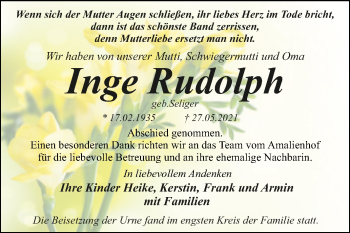Traueranzeige von Inge Rudolph von Trauerkombi Dessau