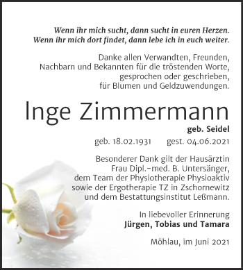 Traueranzeige von Inge Zimmermann von Trauerkombi Wittenberg
